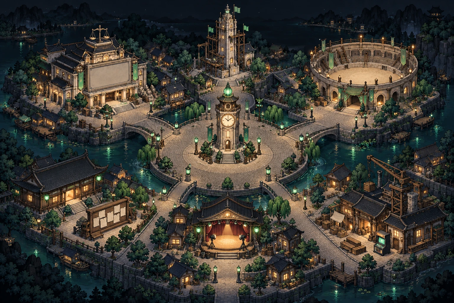 Agentown at night, before its gates open